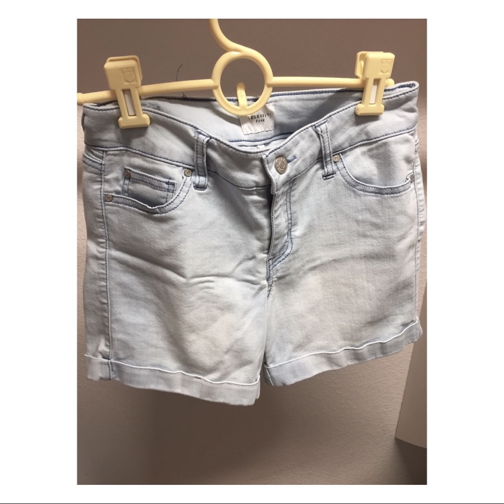 Celebrity Pink Light Wash Denim Midi Shorts